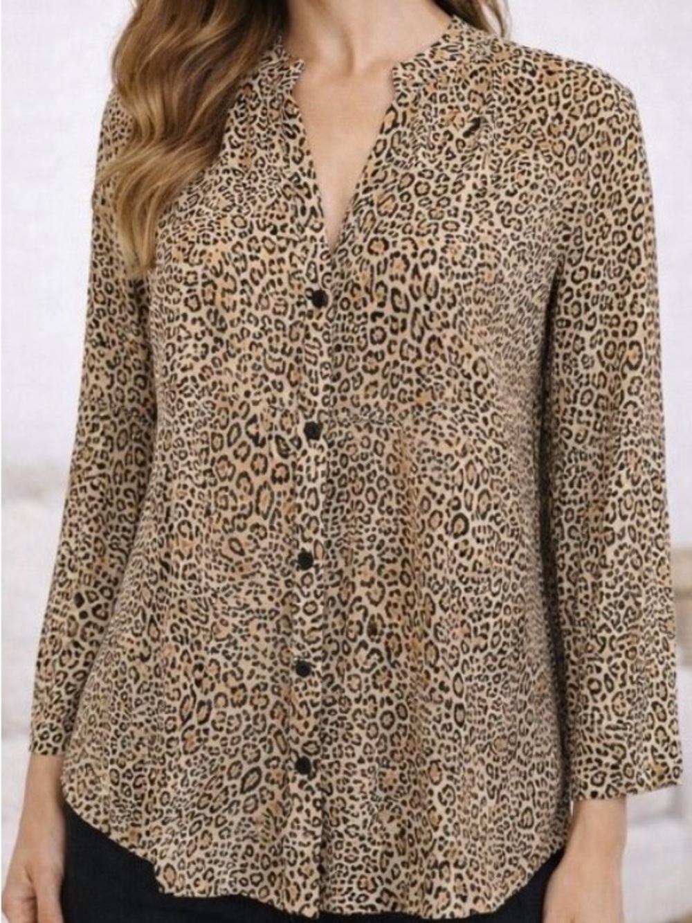 CHICOS Womens Button TOP Long Sleeve BLACK Tan Beige Animal Print  Sz 0 (4/6)